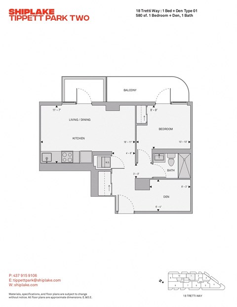 Floor plan for 1 bed, 1 bath, 580 sqft